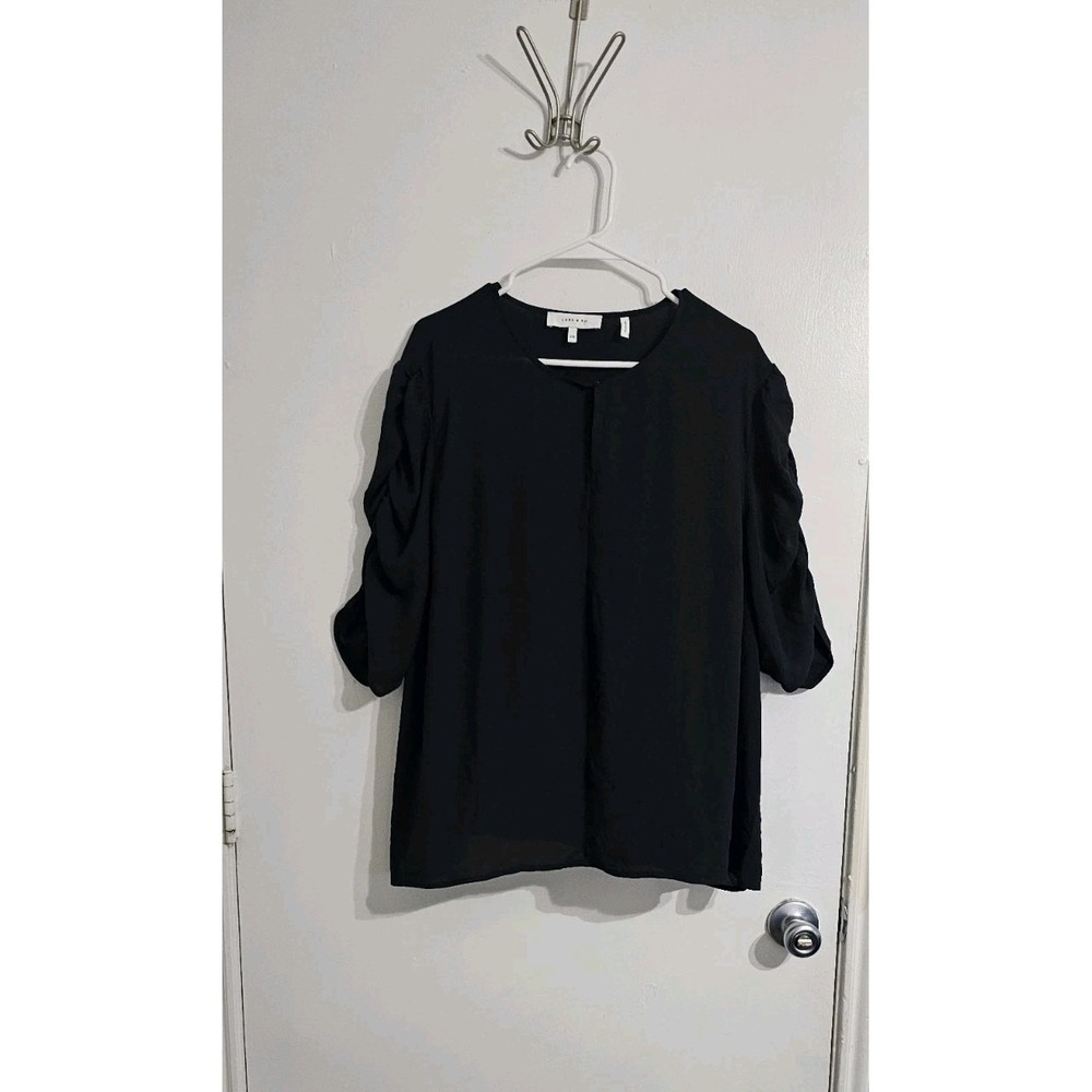 Lark & Ro Womens Sheer Top 2XL Black Minimalist Ruched Sleeves‎ Timeless Preppy